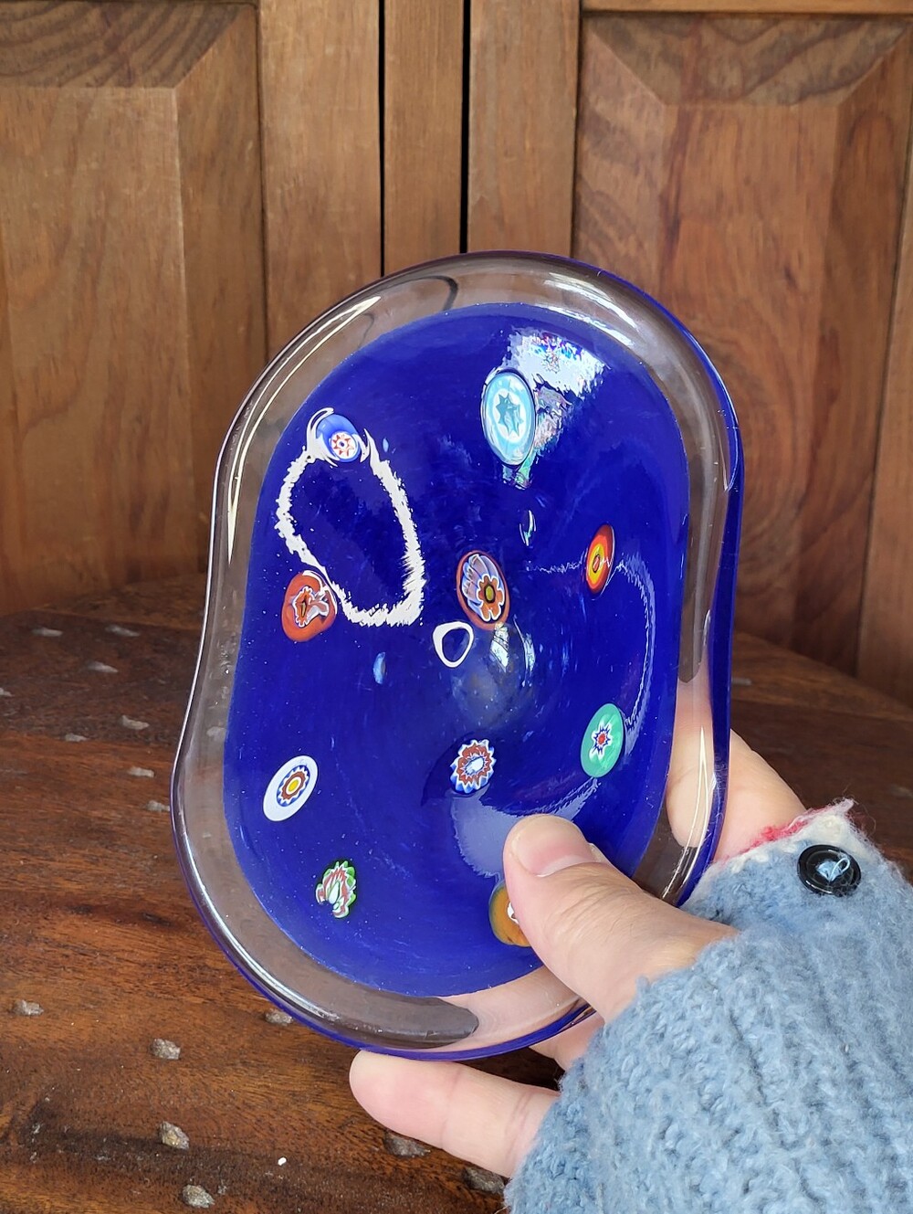 Handblown Blue Glass Decorative Dish with Millefiori Accents